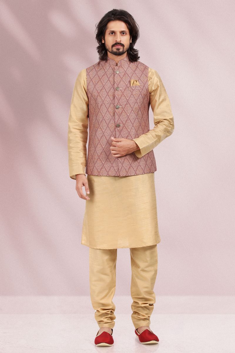 Maroon Color Banarasi Silk Reception Wear Striking Readymade Kurta Pyjama For Men With Printed Jacket