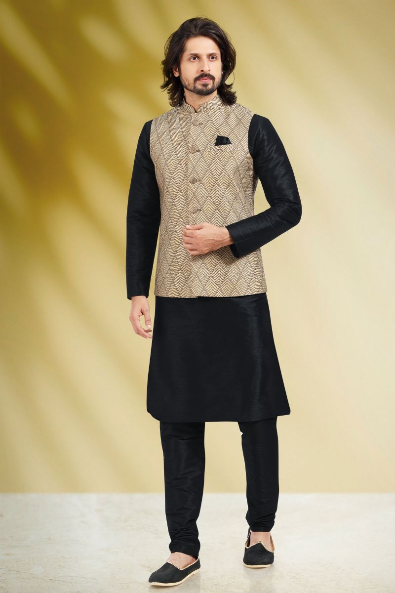 Beige Color Stunning Banarasi Silk Function Wear Readymade Kurta Pyjama For Men With Printed Jacket