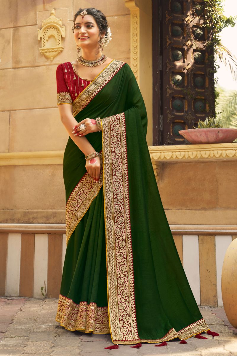 Banglori Silk Fabric Mehendi Green Color Patterned Saree With Border Work