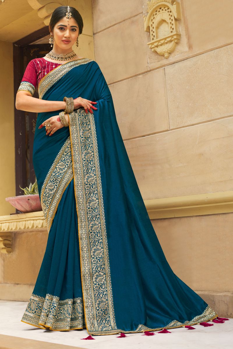 Teal Color Banglori Silk Fabric Engaging Saree With Border Work