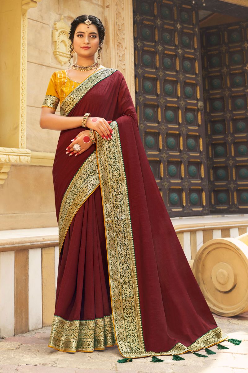 Border Work On Maroon Color Sober Saree In Banglori Silk Fabric