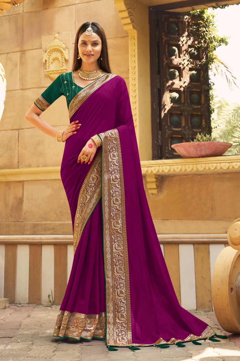 Border Work On Wine Color Banglori Silk Fabric Saree