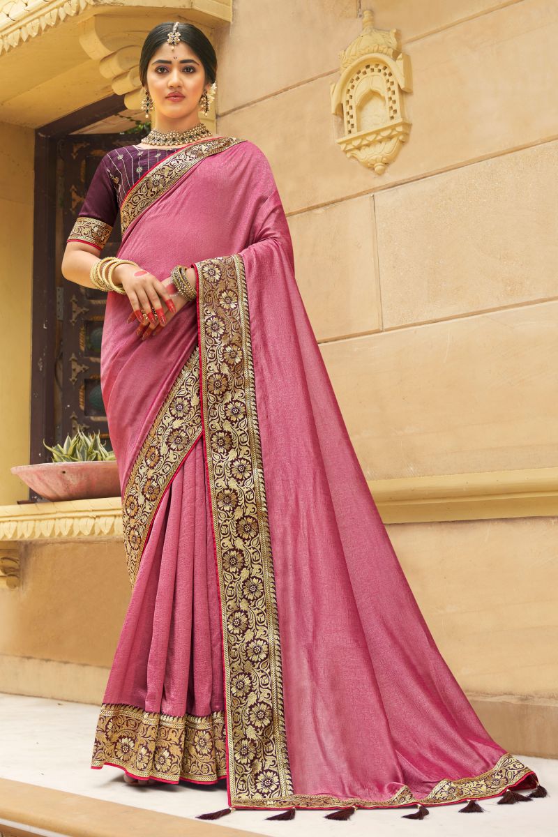 Banglori Silk Fabric Pink Color Saree With Border Work