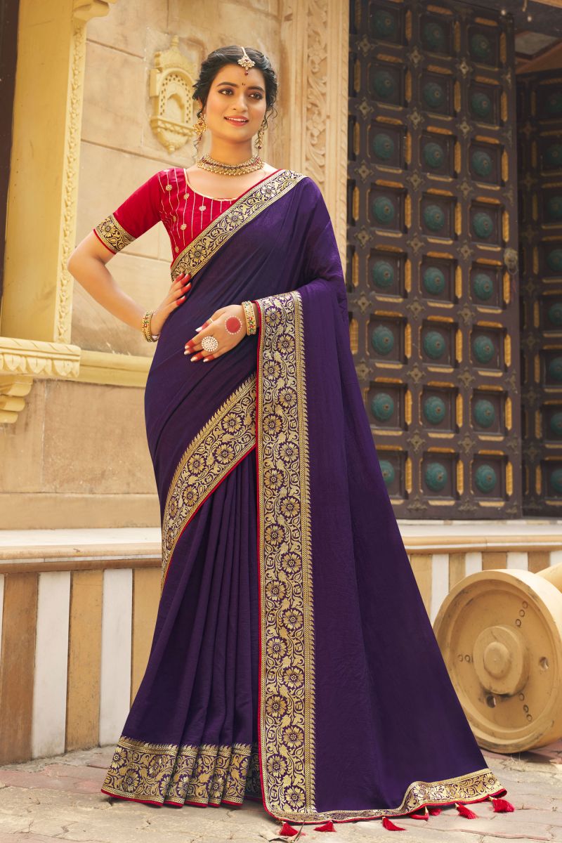 Purple Color Border Work On Banglori Silk Fabric Stunning Saree