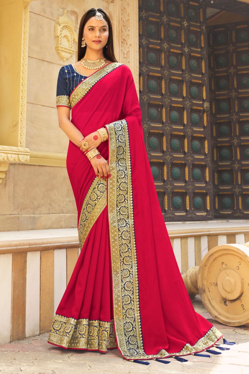 Border Work On Rani Color Banglori Silk Fabric Saree