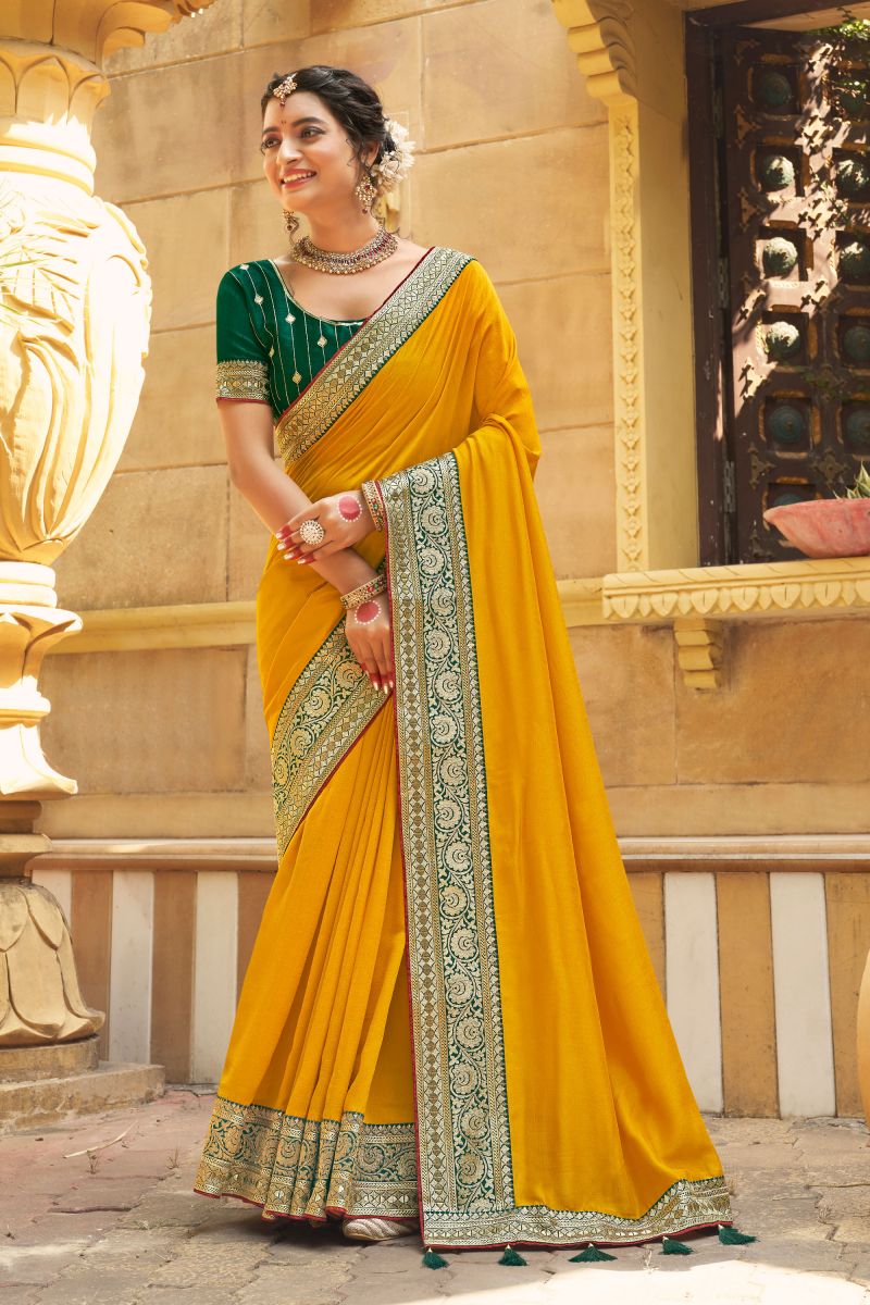 Border Work On Banglori Silk Fabric Yellow Color Saree