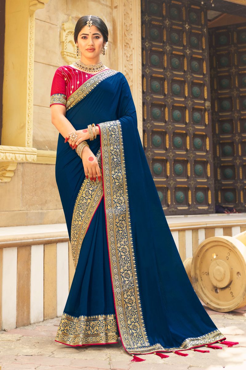 Blue Color Banglori Silk Fabric Coveted Saree With Border Work