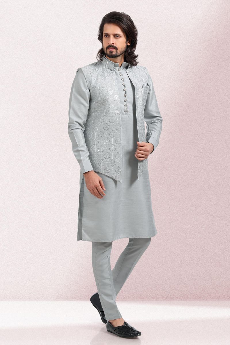 Banarasi Silk Fabric Reception Wear Readymade Kurta Pyjama For Men With Grey Color Jacket