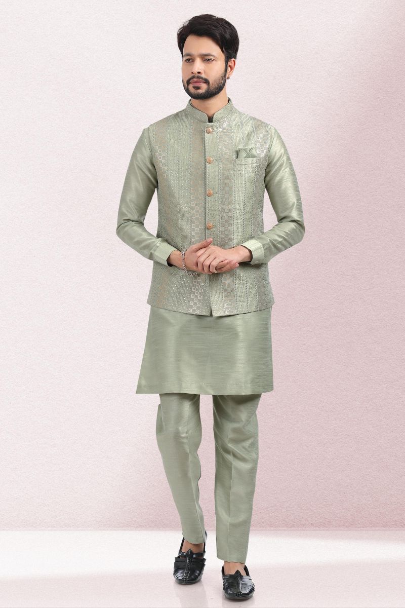 Banarasi Silk Fabric Festive Wear Readymade Lovely Kurta Pyjama For Men With Sea Green Color Jacket