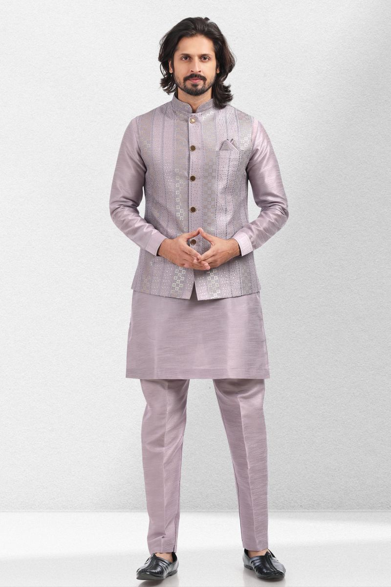 Banarasi Silk Fabric Function Wear Readymade Kurta Pyjama For Men With Lavender Color 3 Pcs Jacket Set