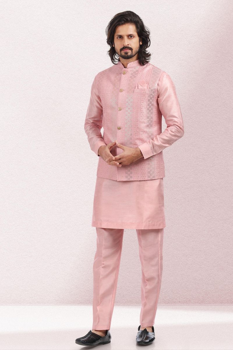 Banarasi Silk Fabric Festive Wear Readymade Stunning Kurta Pyjama For Men With Pink Color 3 Pcs Jacket Set