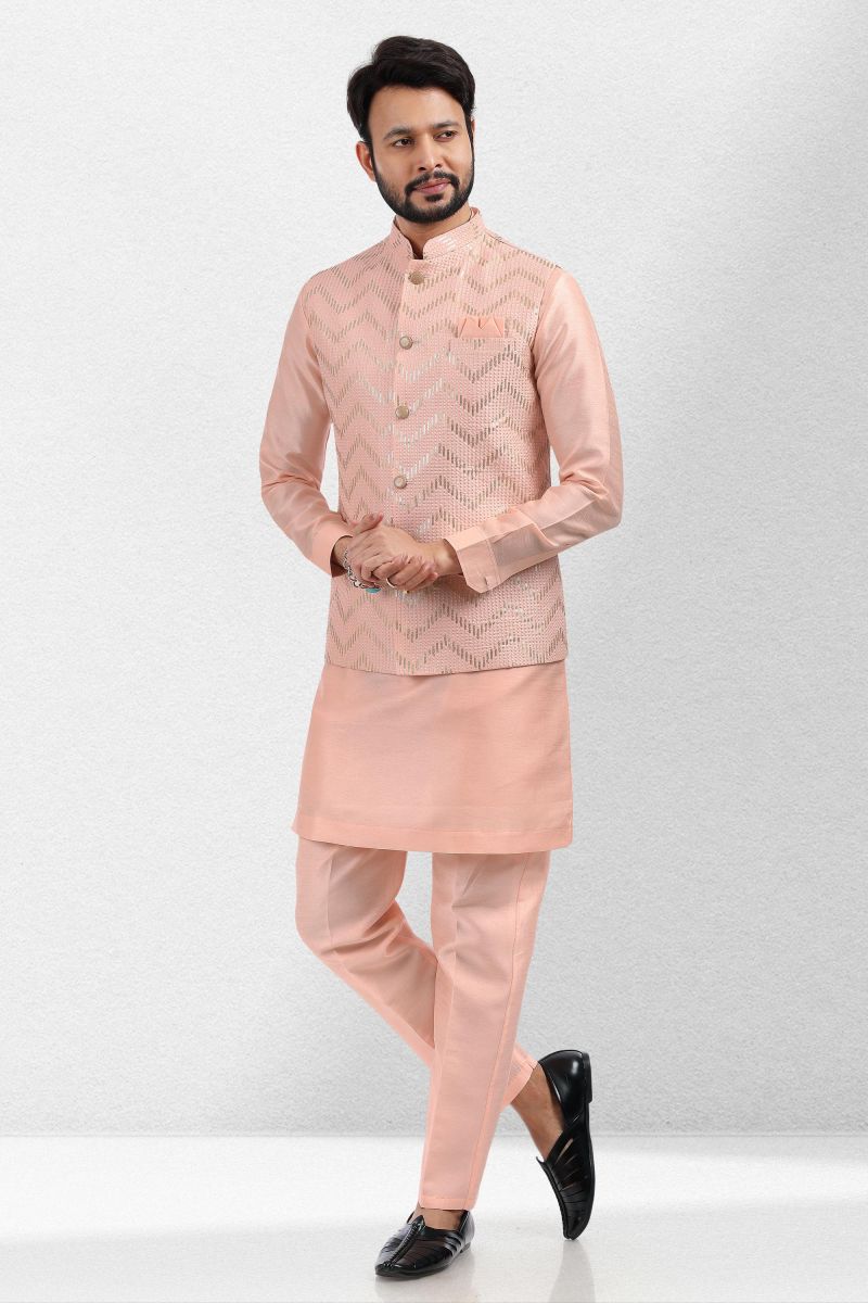 Sangeet Wear Readymade Lovely Banarasi Silk Fabric Kurta Pyjama For Men With Peach Color 3 Pcs Jacket Set