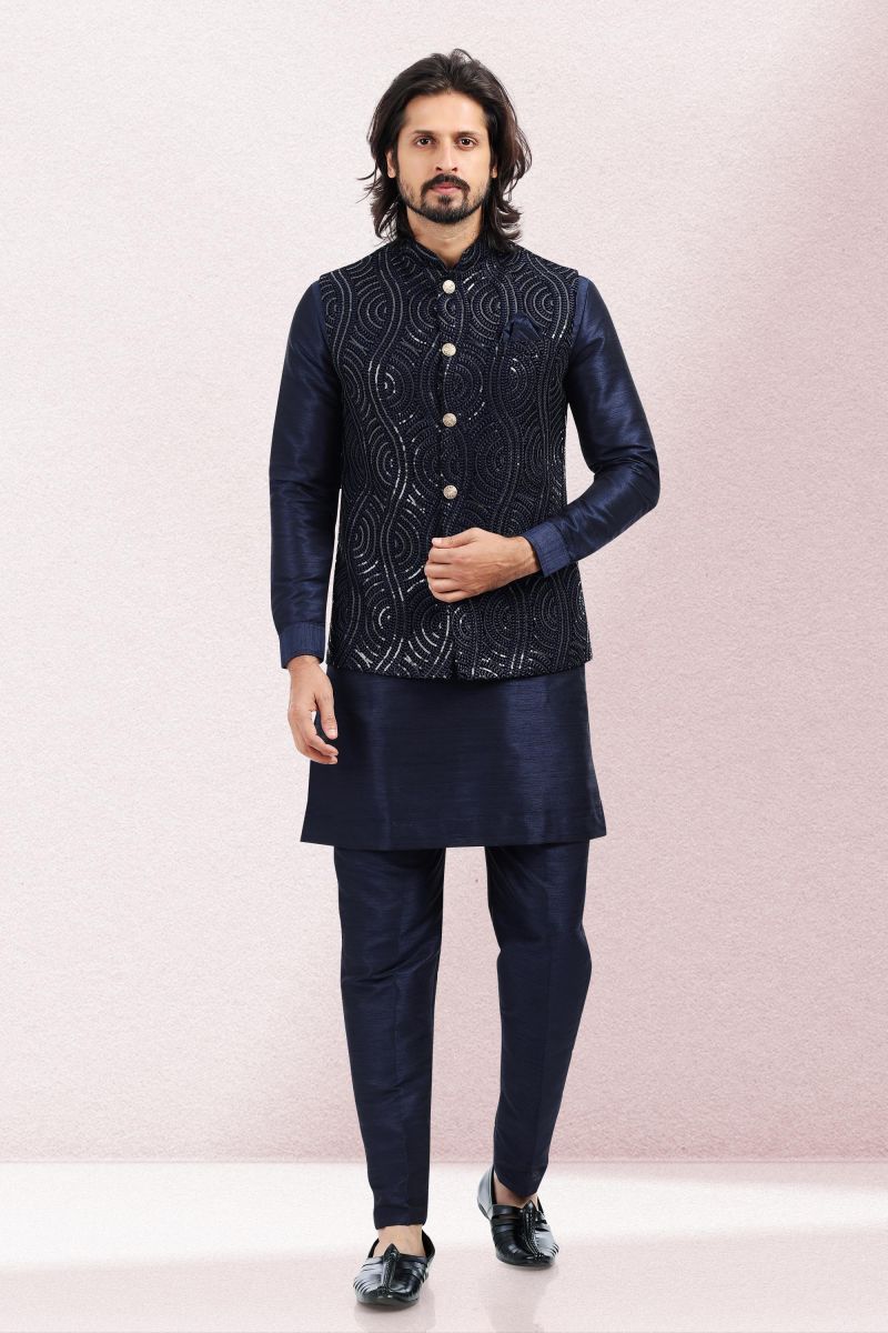 Banarasi Silk Fabric Readymade Men Kurta Pyjama Navy Blue Color Jacket Set