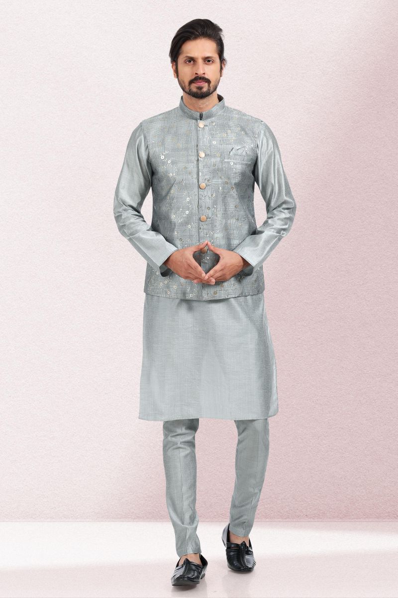 Banarasi Silk Fabric Fancy Wedding Wear Readymade Designer Men Kurta Pyjama With Grey Color Jacket