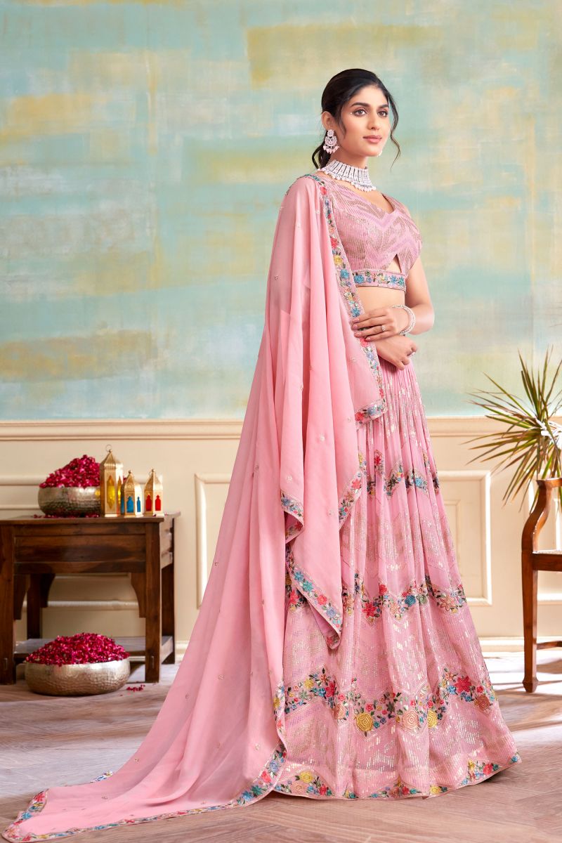 Pink Color Function Wear Georgette Fabric Charismatic Readymade Lehenga