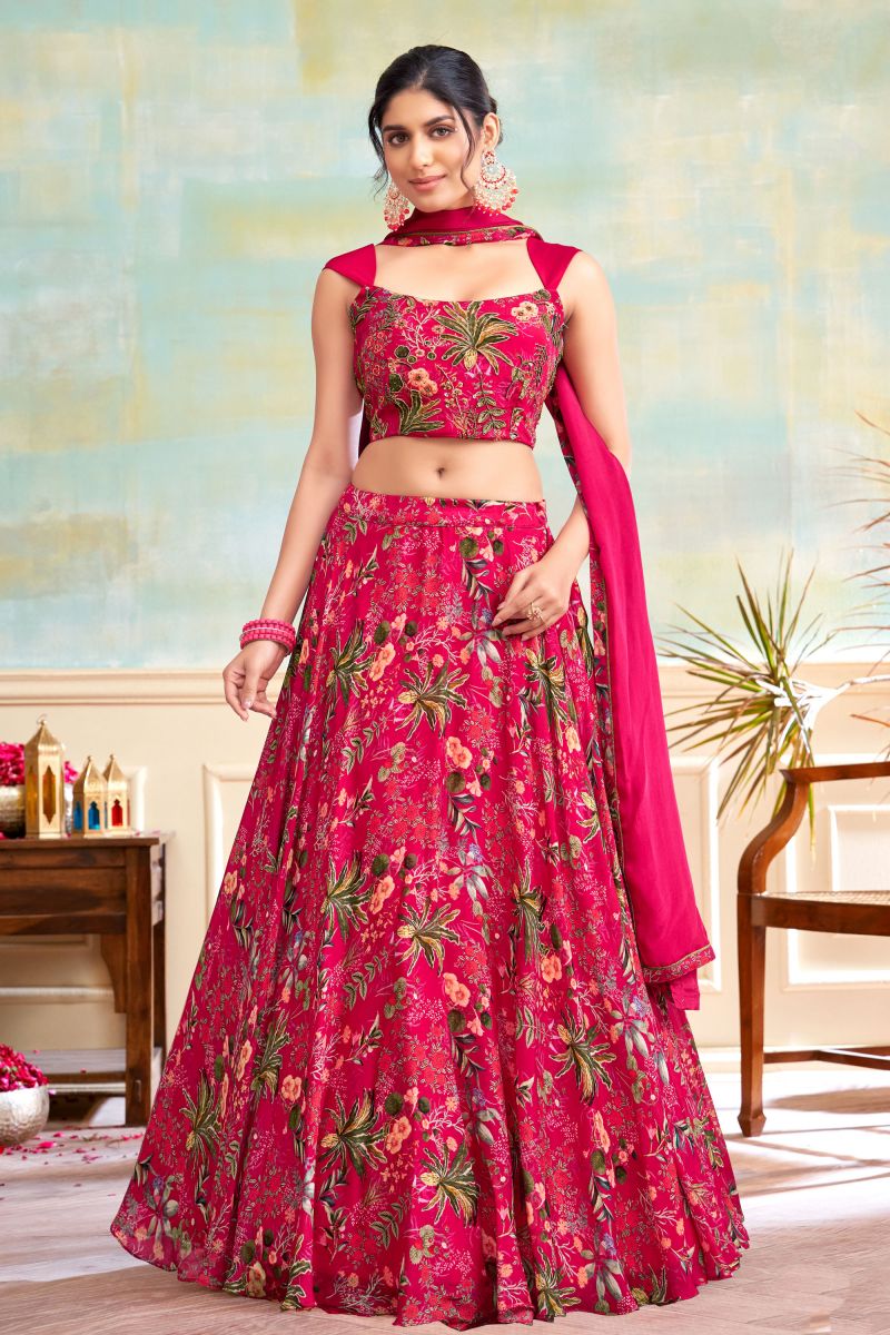 Chinon Fabric Function Wear Vivacious Readymade Lehenga In Rani Color