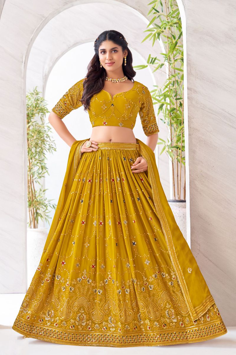 Georgette Fabric Function Wear Mustard Color Phenomenal Readymade Lehenga