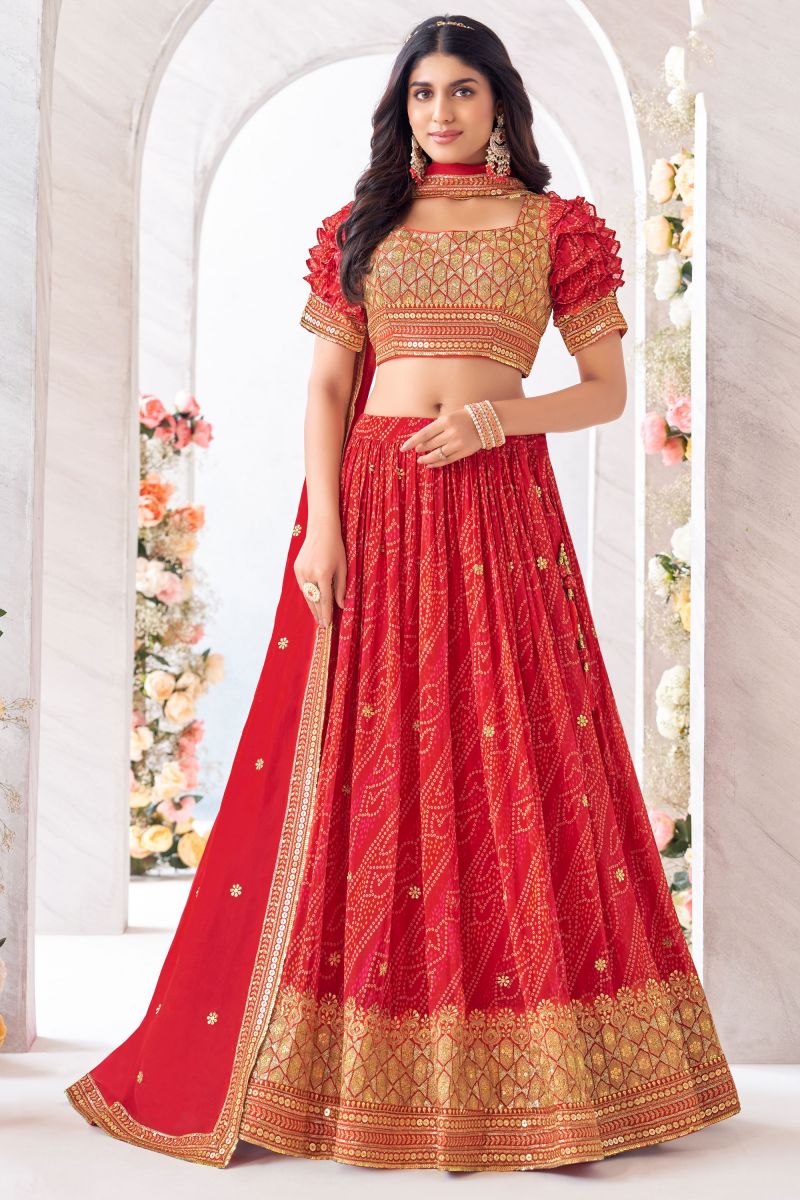 Georgette Fabric Function Wear Luxurious Readymade Lehenga In Red Color