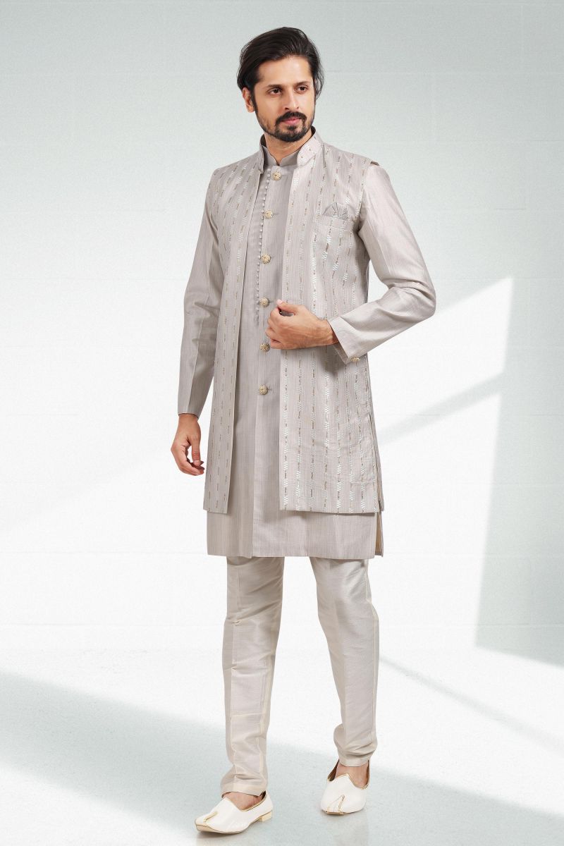 Banarasi Art Silk Grey Color 3 piece Jacket Set