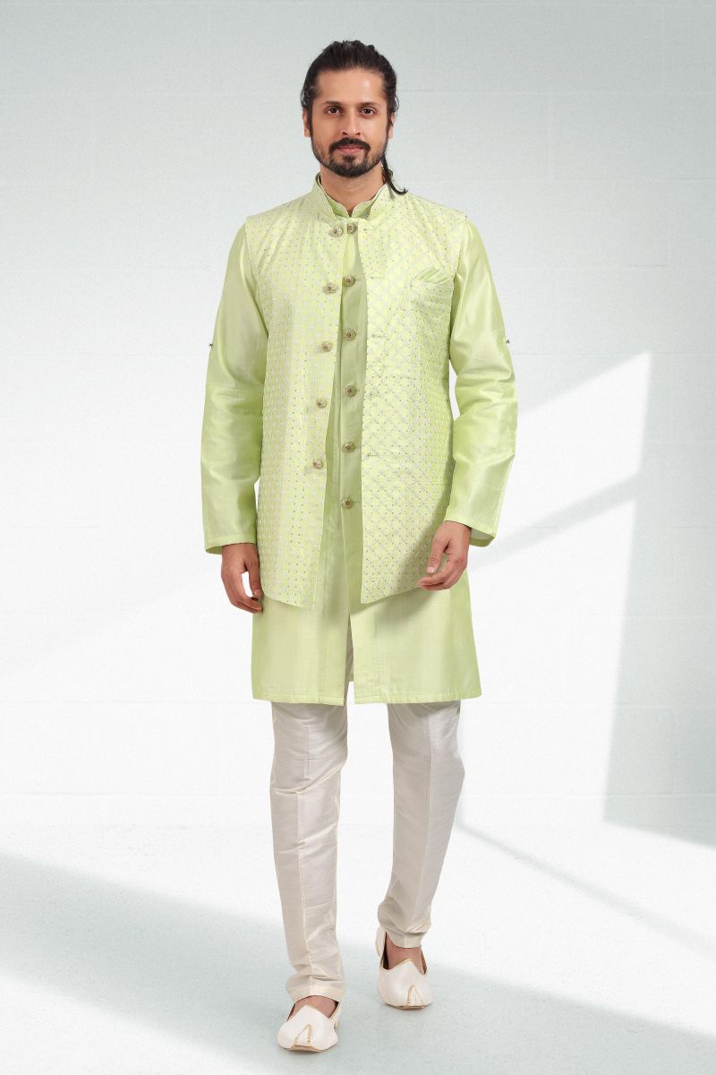 Banarasi Art Silk Brilliant 3 piece Jacket Set In Green Color