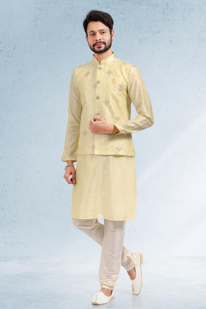 Yellow Color Banarasi Art Silk 3 piece Jacket Set