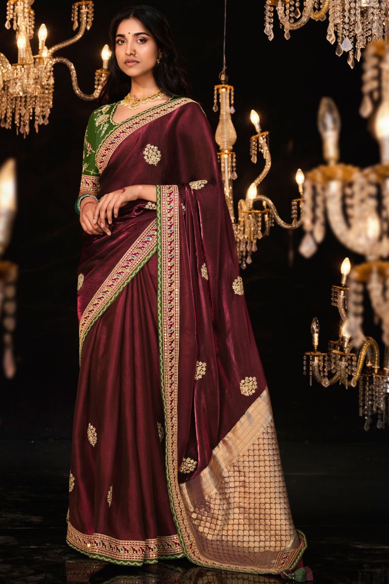 Tissue Fabric Maroon Color Pleasance Saree With Embroidered Work