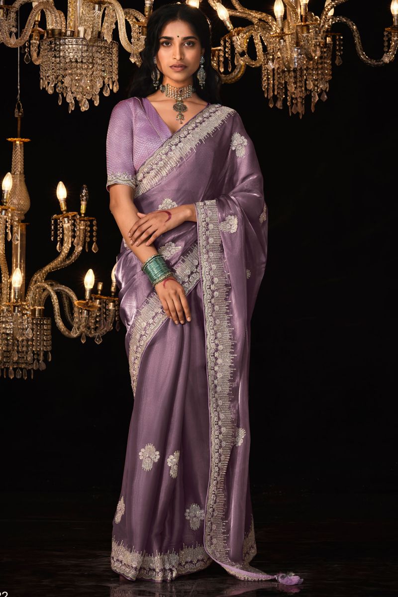 Embroidered Work On Tissue Fabric Bewitching Saree In Lavender Color