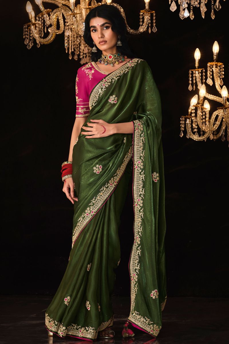 Green Color Tissue Fabric Coveted Saree With Embroidered Work