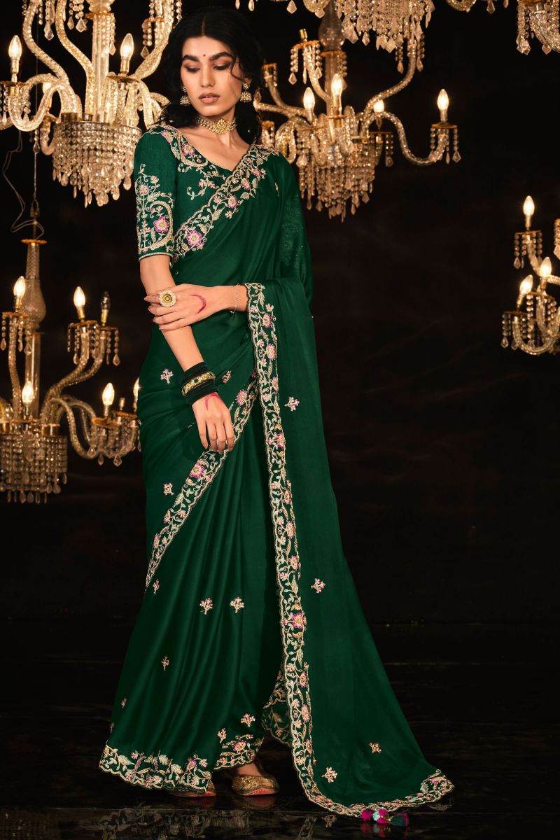 Silk Fabric Green Color Excellent Saree With Embroidered Work