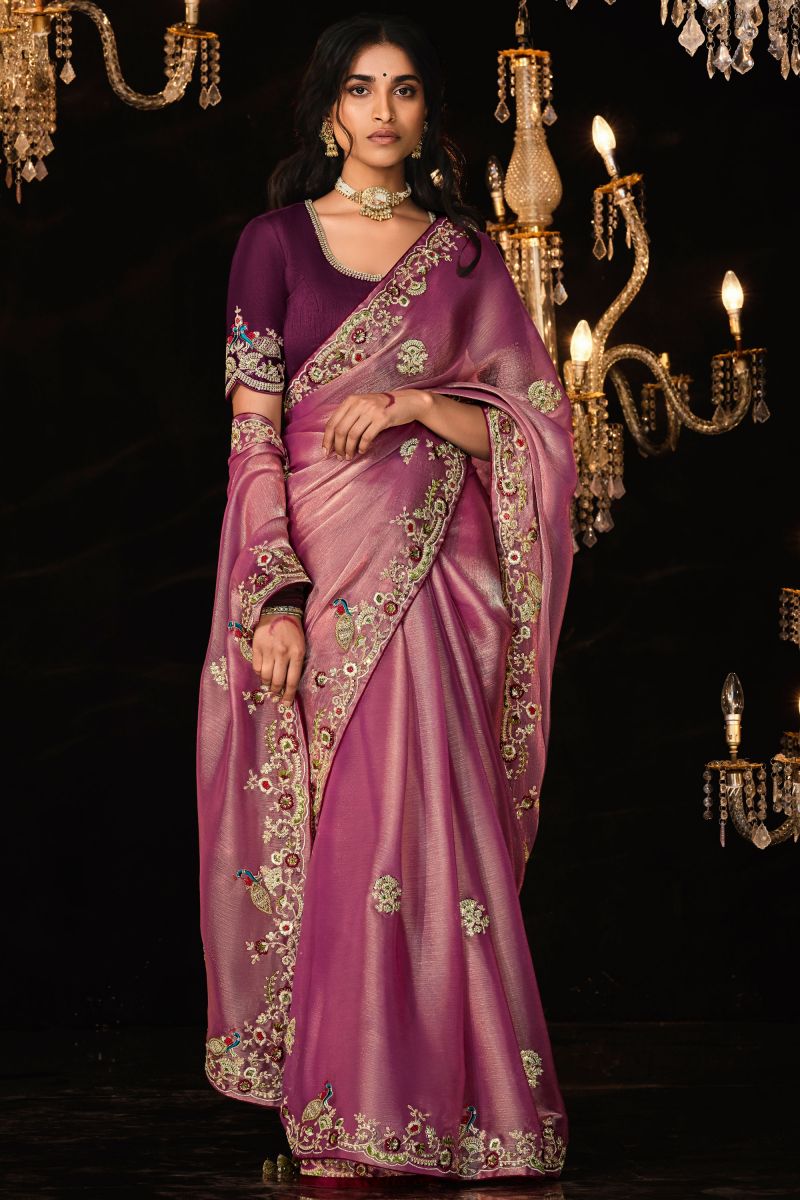 Embroidered Work On Pink Color Fancy Fabric Princely Saree