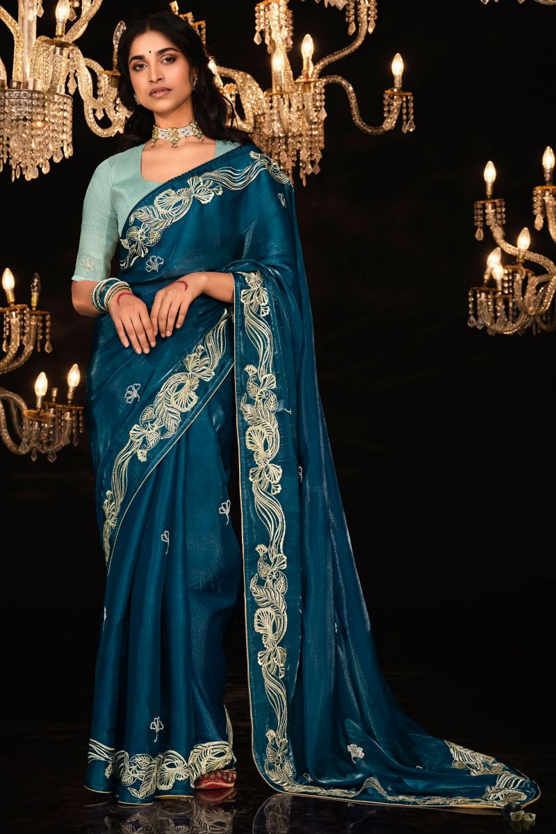 Tissue Fabric Blue Color Patterned Saree With Embroidered Work