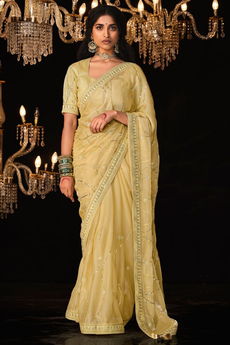 Yellow Color Tissue Fabric Engaging Saree With Embroidered Work