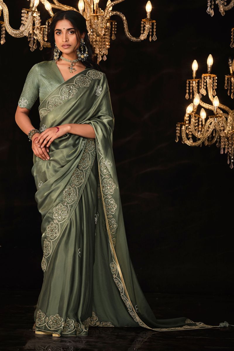 Tissue Fabric Olive Color Saree With Embroidered Work