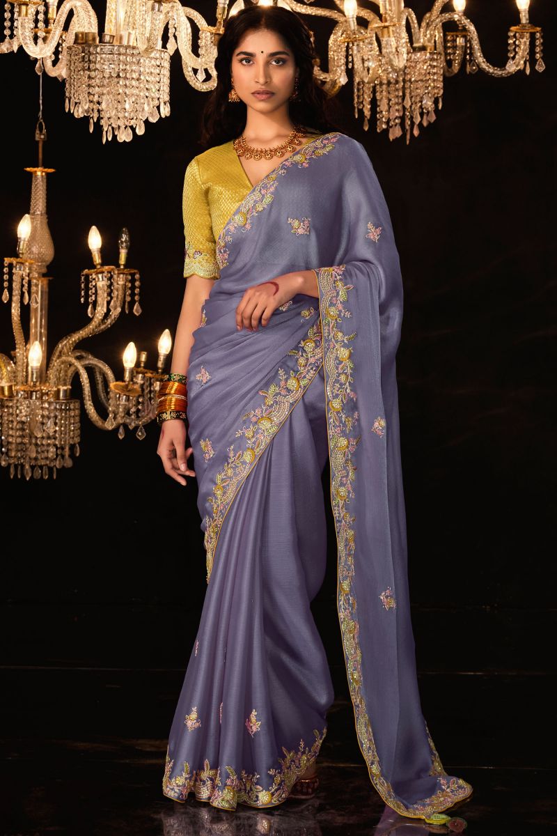 Lavender Color Embroidered Work On Fancy Fabric Stunning Saree