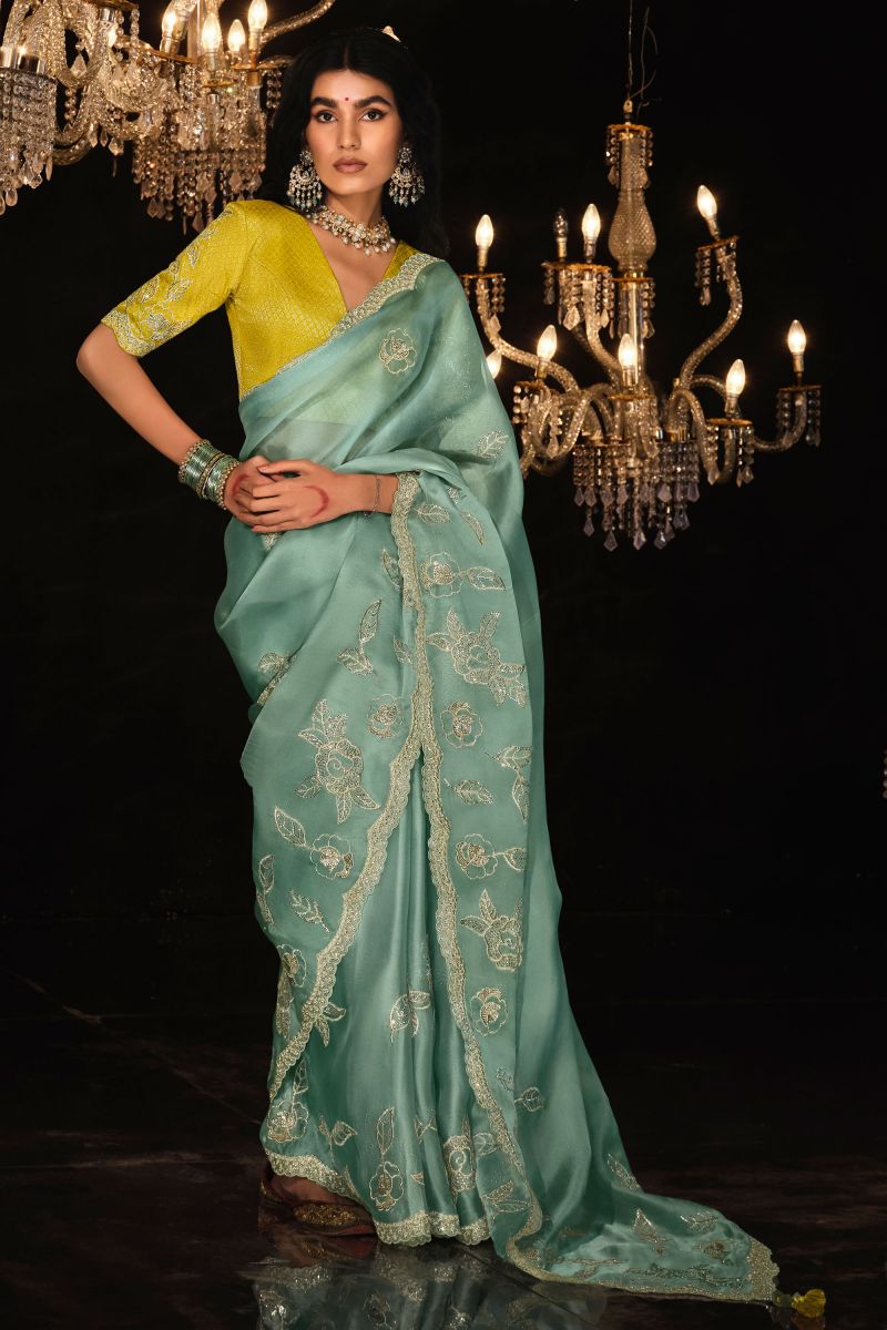 Embroidered Work On Light Cyan Color Organza Fabric Saree