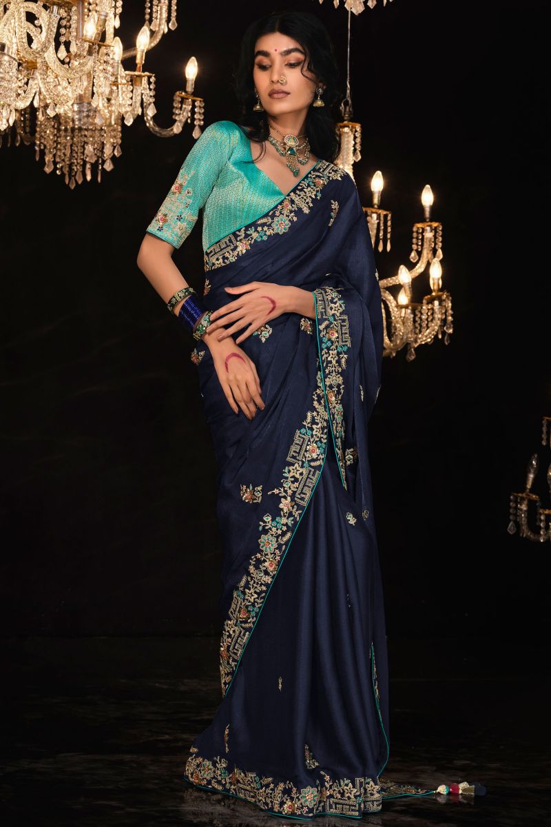 Embroidered Work On Tissue Fabric Blue Color Saree