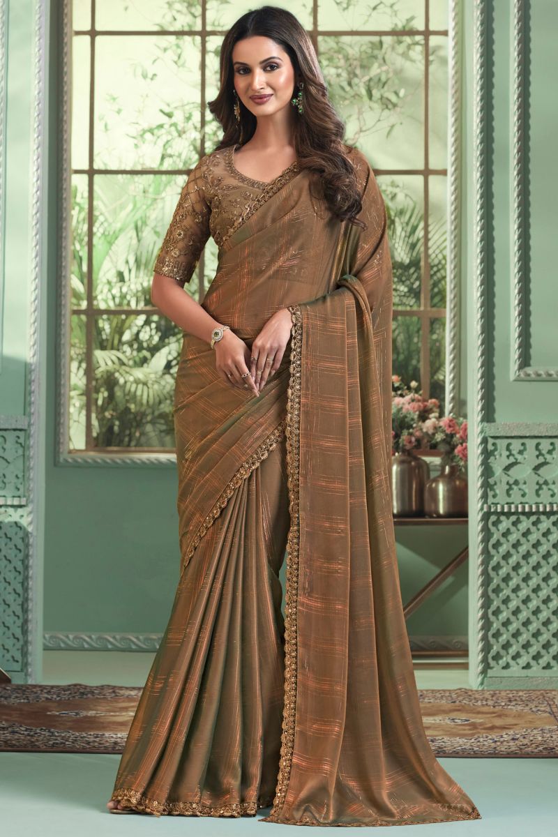 Brown Color Border Work On Saree In Georgette Fabric