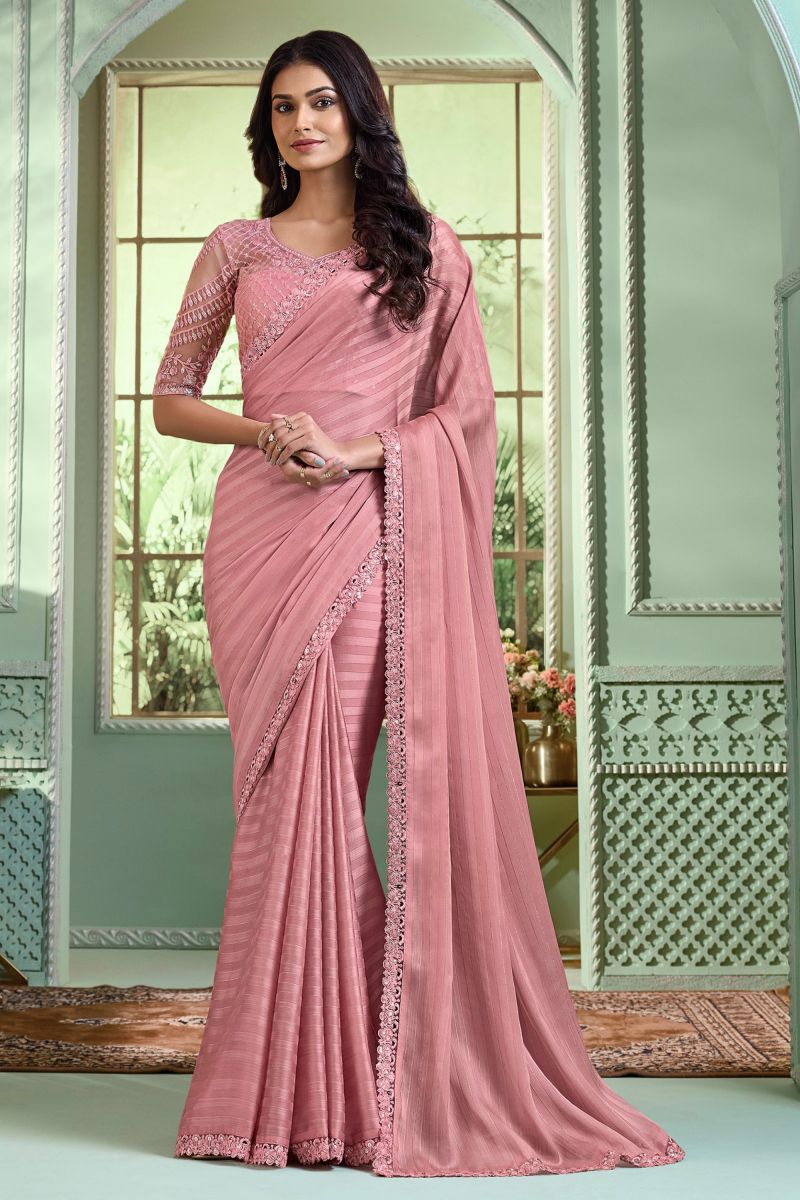 Border Work On Pink Color Georgette Saree