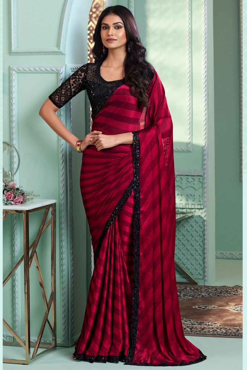 Red Color Border Work On Satin Silk Beatific Saree