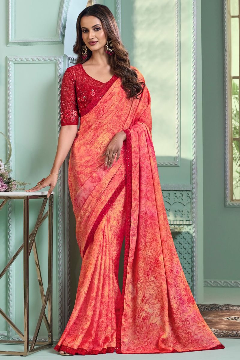 Border Work On Peach Color Chiffon Saree