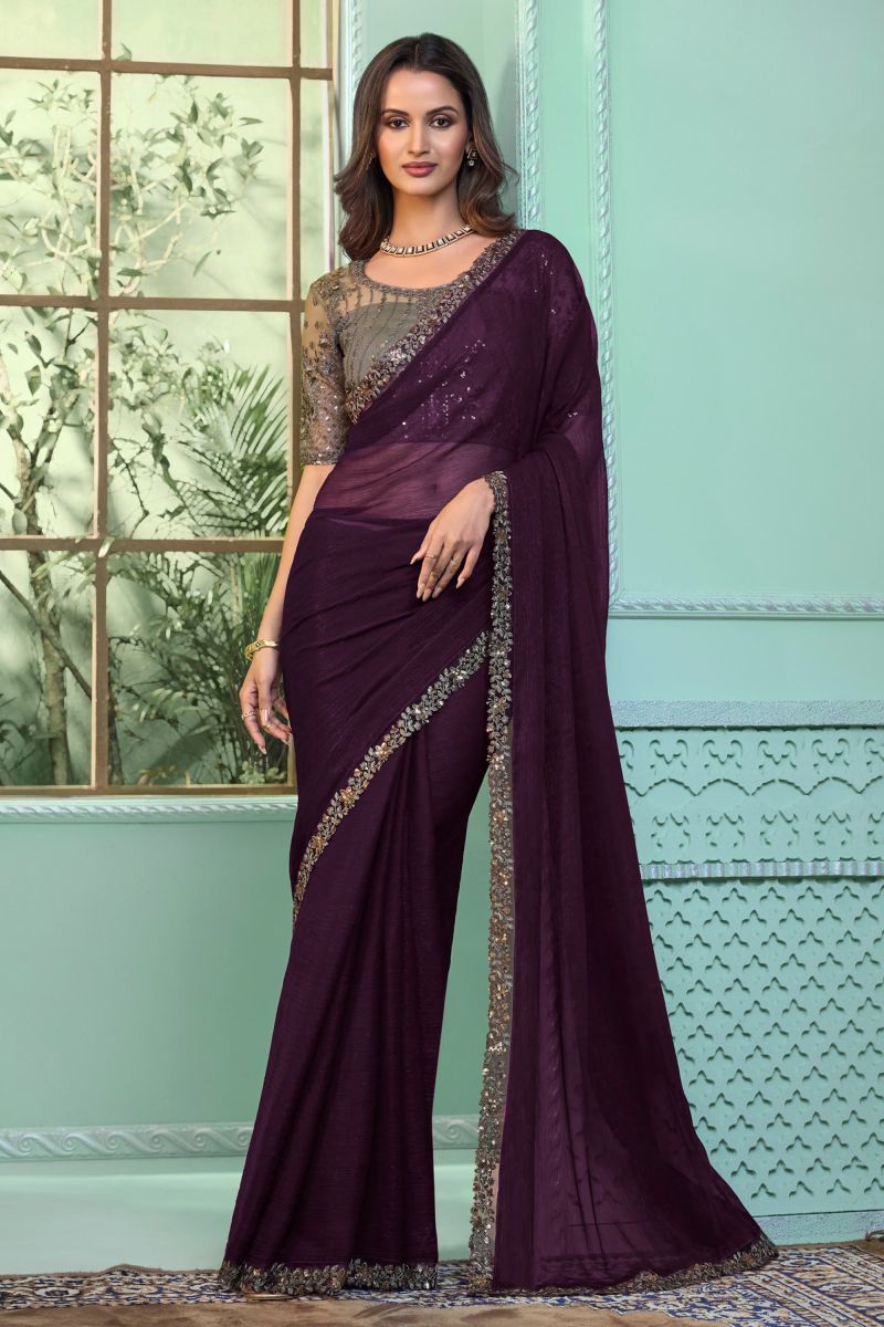 Chiffon Purple Color Saree With Border Work