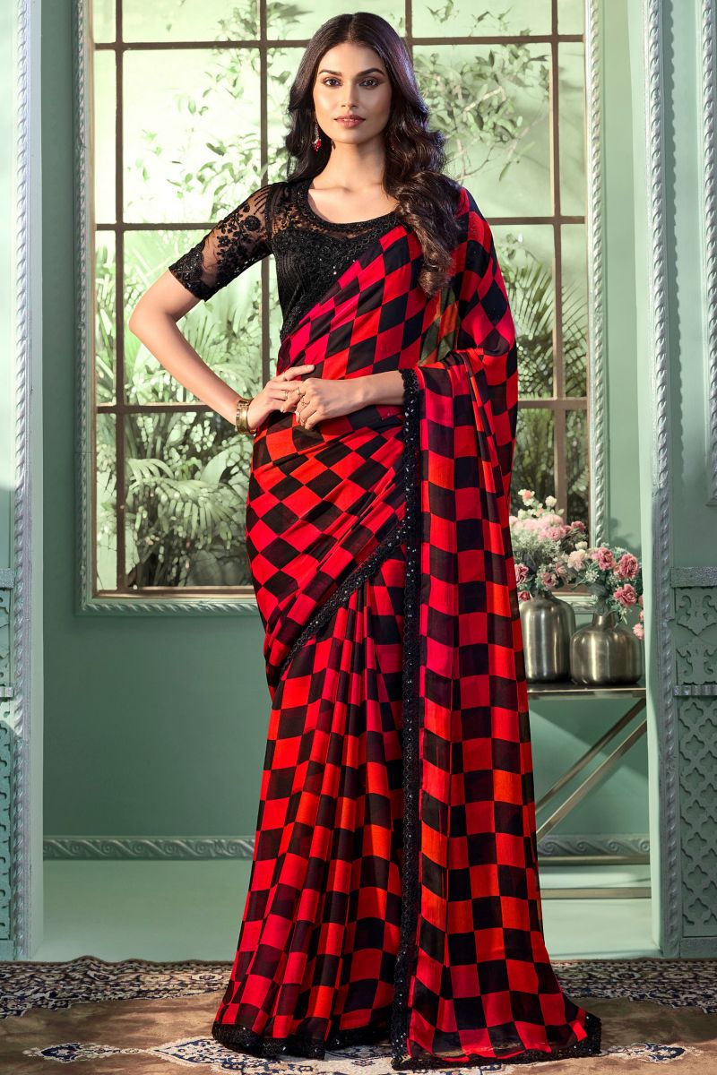 Chiffon Red Color Saree With Winsome Border Work