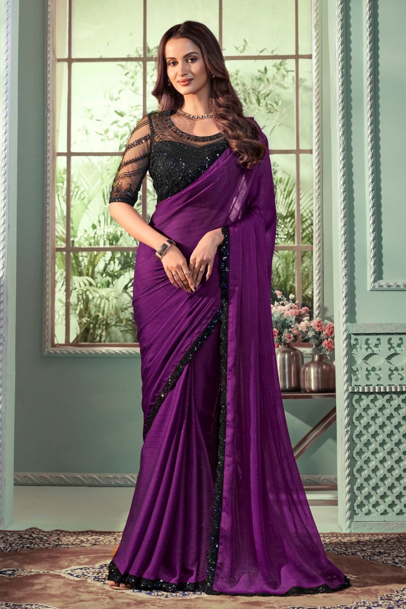 Border Work On Saree In Purple Color Georgette Fabric