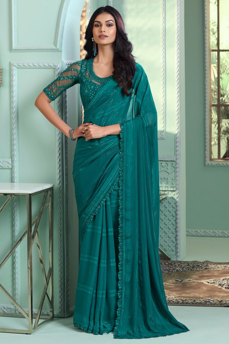 Border Work On Georgette Saree In Green Color