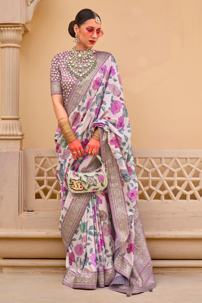 Dark Beige Color Floral Print Casual Saree In Art Silk Fabric