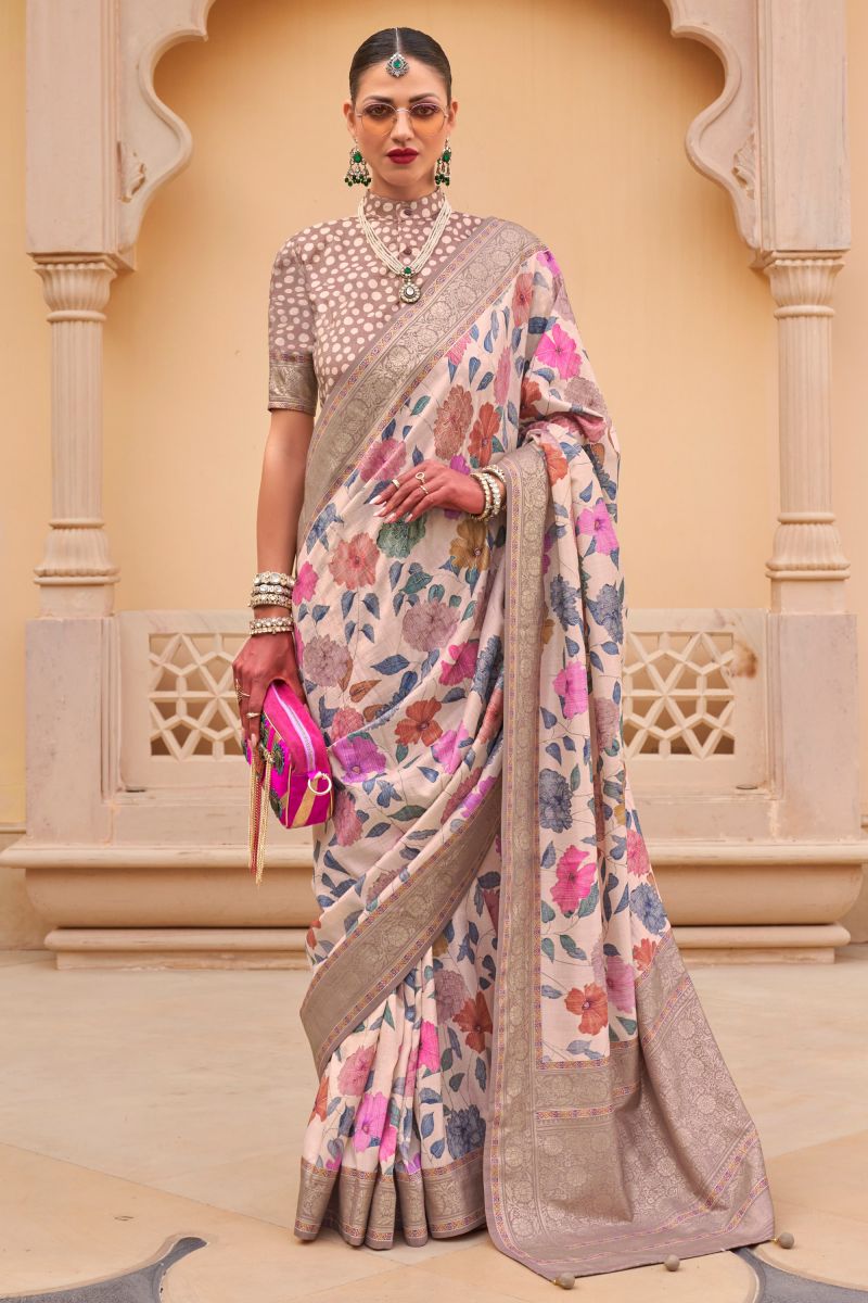 Beige Color Art Silk Daily Wear Saree With Printed Blouse