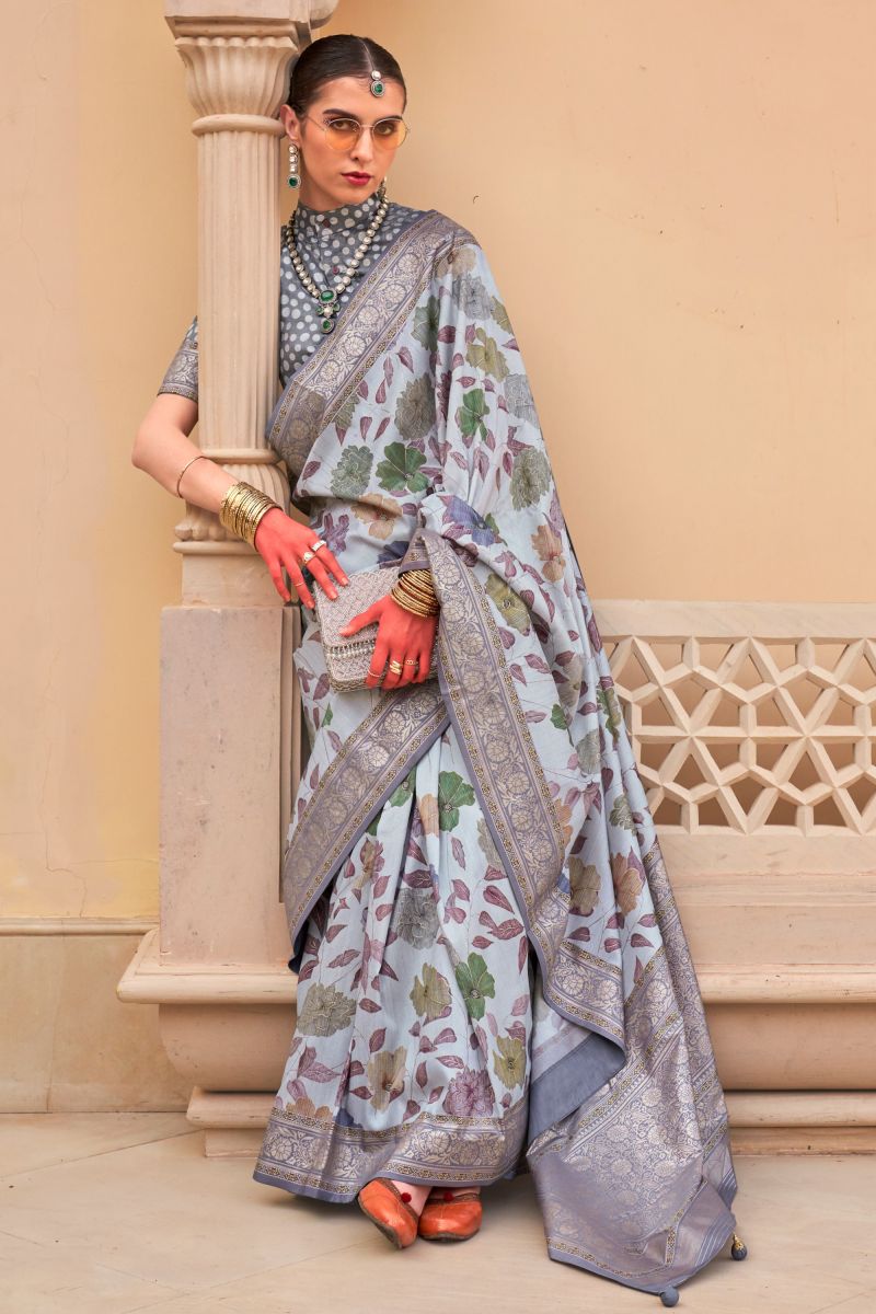 Floral Print On Light Cyan Color Fashionable Saree In Art Silk Fabric