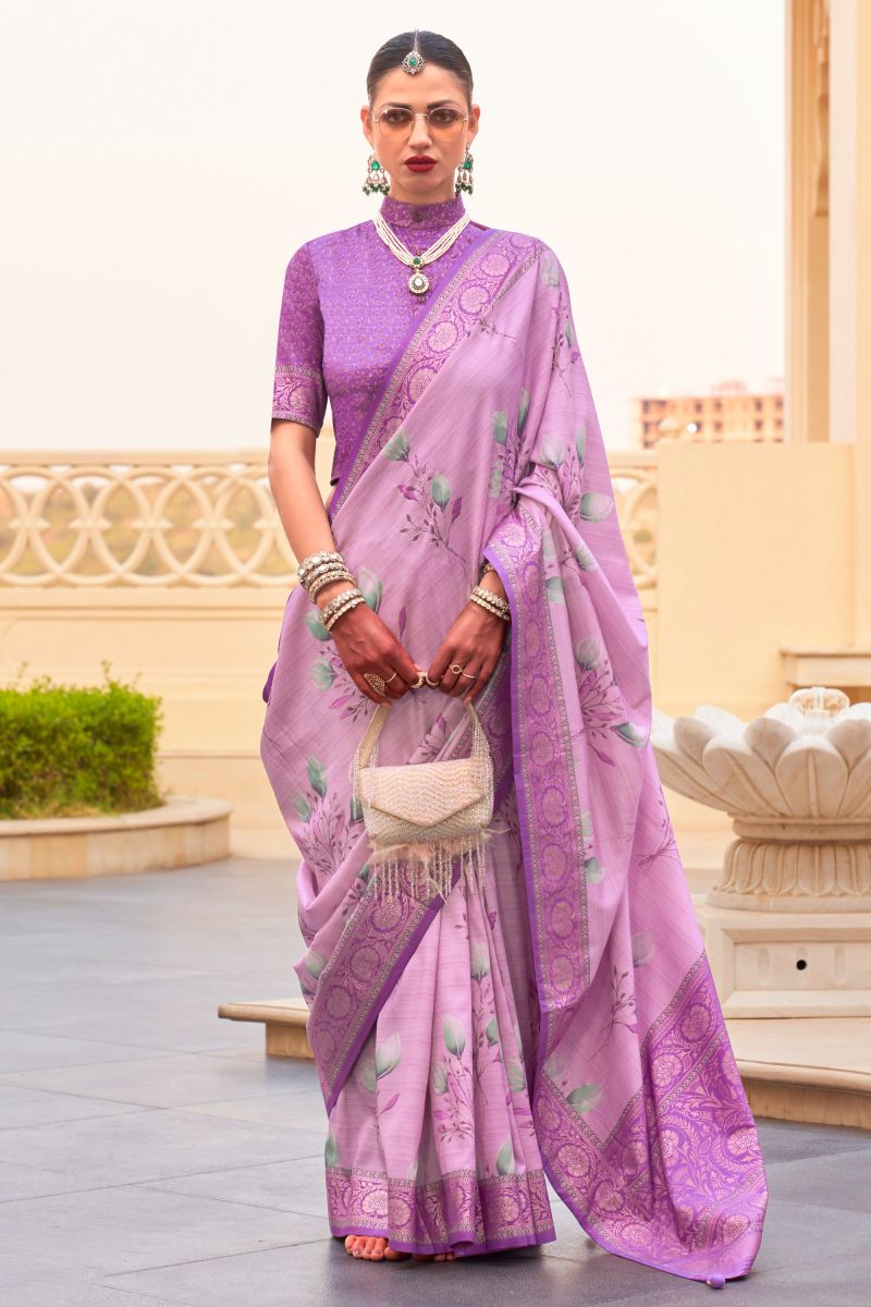 Lavender Color Art Silk Festive Wear Saree With Printed Blouse