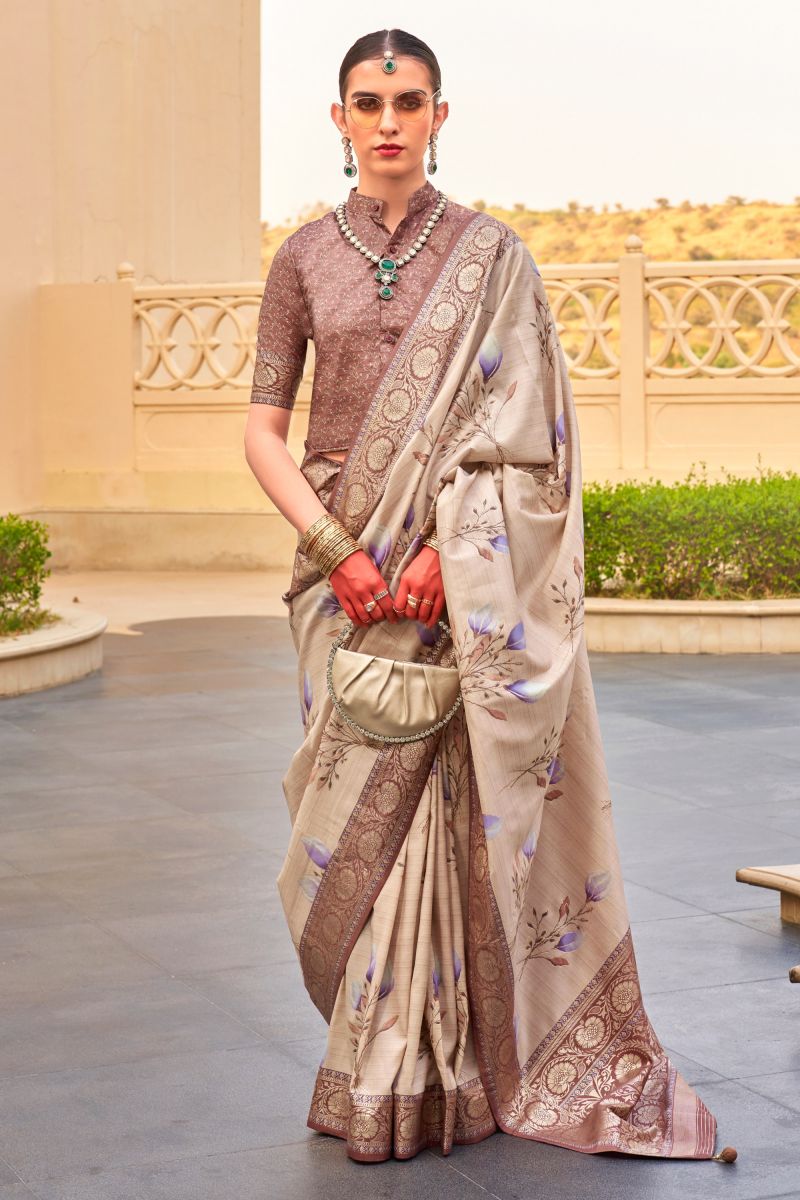 Brown Color Art Silk Stylish Saree With Printed Blouse