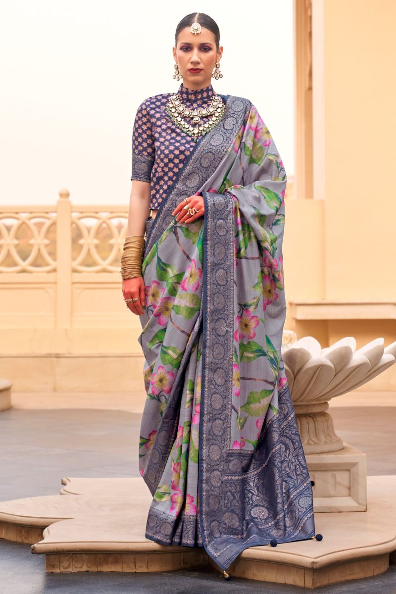 Floral Print Grey Color Art Silk Fabric Function Wear Saree